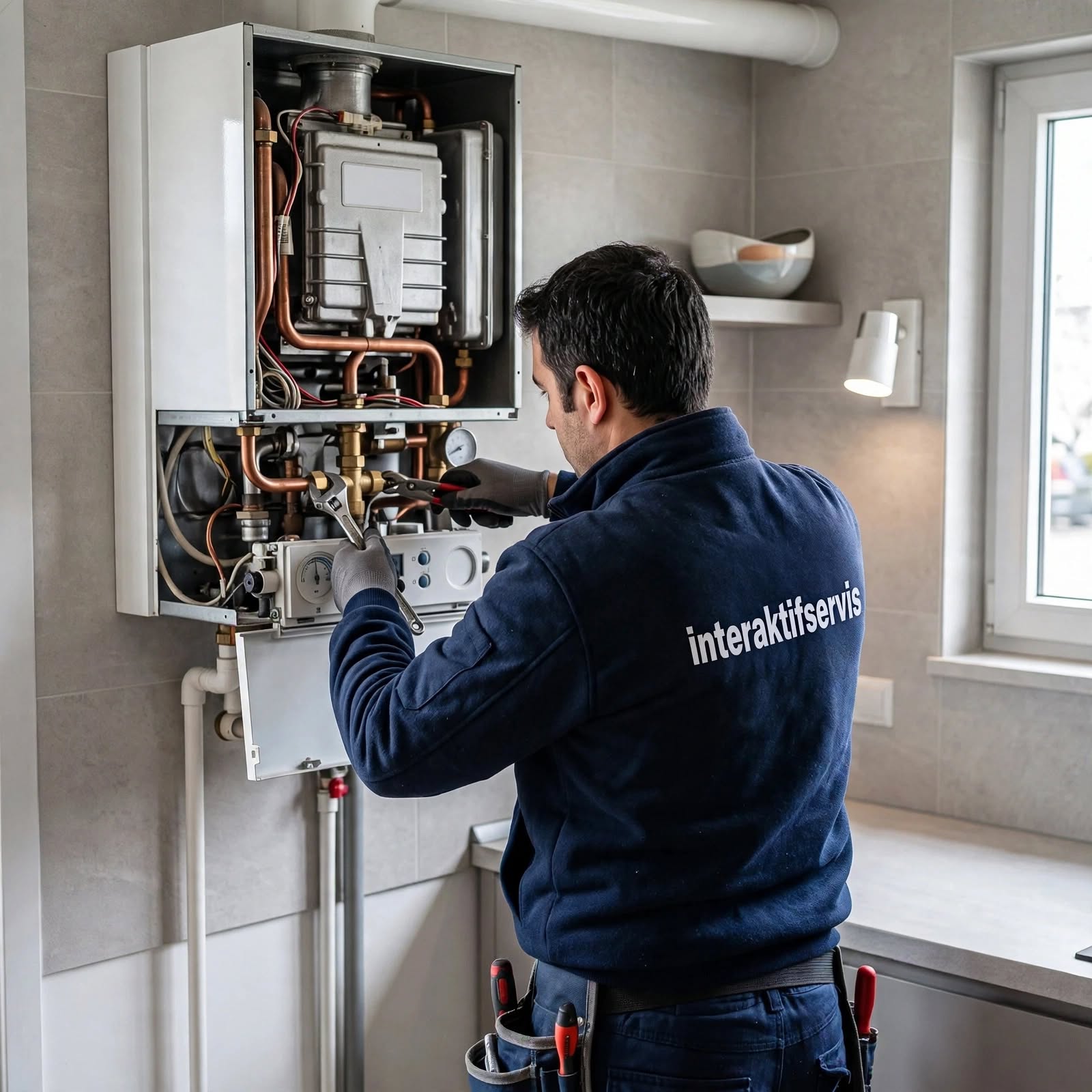 Kombi üzerinde çalışan Interaktif Servis teknisyeni